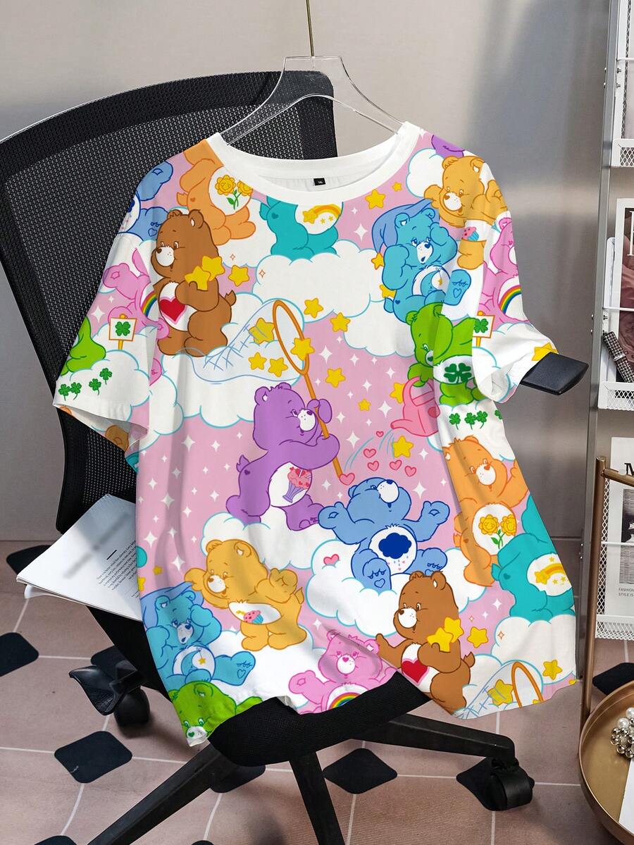 SHEIN X Care Bears 大码女式卡通印花休闲百搭日常短袖T恤 - 白色 - 查看 1