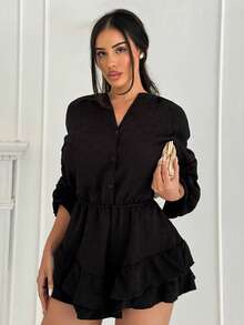 Shopreo Women's Vacation Casual Solid Color Lantern Sleeve Jumpsuit - Black - View 6