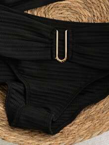 Swim Chiccia 2026春夏棕色粗肩带可调节后背金色U型装饰高腰荷叶边设计女士优雅比基尼泳衣两件套 - 黑色 - 查看 4