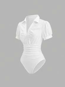 Sweetra French Elegant Lady Design Sense Shirt V-Neck Petal Sleeve Knit Splicing Slim Fit Elegant Sexy Slim Urban Style Women Bodysuit, Summer Short Sleeve - White - View 1