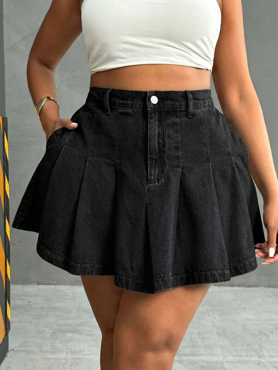 Slaydiva 大码女式时尚百褶短牛仔裙 - 黑色 - 查看 1