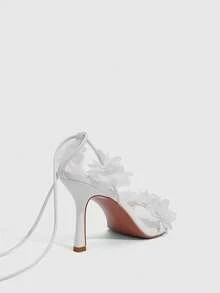 CUCCOO SZL 女士白色PU花束装饰时尚性感婚庆绑带圆头高跟凉鞋 - 白色PU - 查看 3
