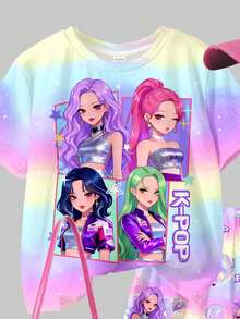 2件套少女休闲时尚街头风多巴胺扎染韩流卡通印花圆领短袖T恤和短裤，适合春夏穿着 - 彩色 - 查看 4