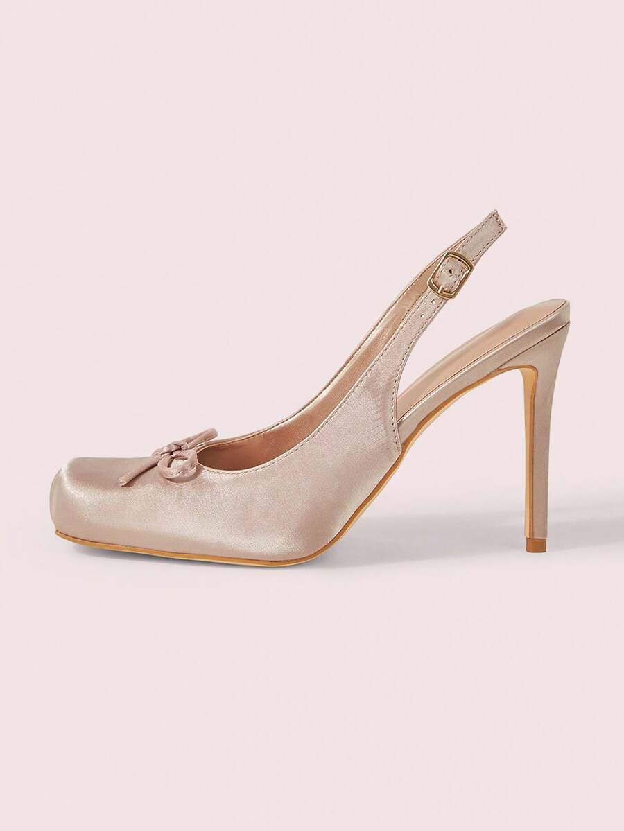 CUCCOO DOLLMOD Pantofi de vară cu vârf pătrat, fundă șampanie, stil balet, stiletto, ținută elegantă de dating, stil universitar - Șampanie - Vizualizare 1