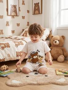 SHEIN 2pcs/Set Boys' Superhero Cartoon Pattern Loose Casual Short Sleeve Shorts Pajama Set, Summer - Multicolor - View 3