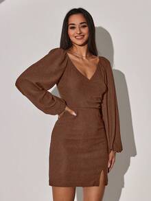 EURMUSE Plus Size Women Surplice Neck Lantern Sleeve Split Hem Fitted Dress - Brown - View 5