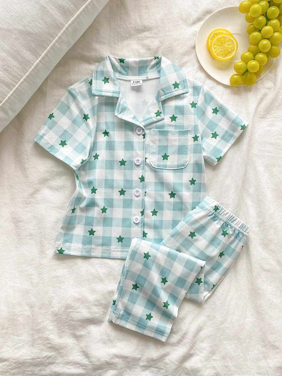 2pcs Baby Boys' Elegant Green & White Plaid And Star Print Cardigan Collar Short Sleeve Pants Comfortable Pajamas Set - Green - View 1