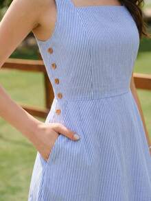 Vestido amarillo elegante vintage retro para mujer con bolsillos y botones,estilo casual de los 90 para primavera,verano,picnic,playa y vacaciones - Azul y blanco - Ver 2