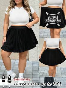 SHEIN CURVE+ 大码女式黑色百褶A级短裙 - 黑色 - 查看 2