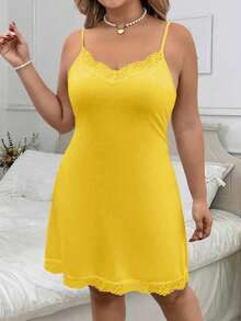 SHEIN Clasi 大码女式纯色撞色蕾丝吊带裙 - 黃色 - 查看 5