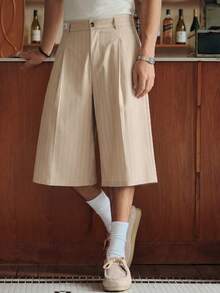 SWAVVY Men's Striped Pattern Button Zipper Casual Shorts - Khaki - View 4