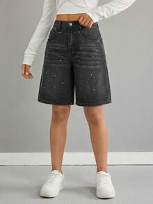 SHEIN 少女时尚休闲 Y2K 复古酷炫街头风菱形拼接设计 Y2K 2000 年代复古水洗休闲宽松牛仔阔腿及膝短裤，秋季返校街头风新款 SS26 时尚 - 黑色 - 查看 4