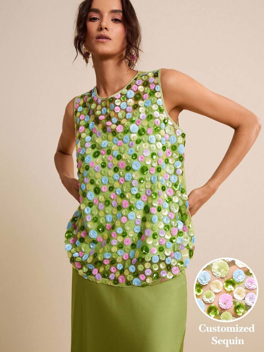 LOTSLUV Women's Green Rose Embellished Sleeveless Top, Sheer Patchwork Design, Suitable For Spring And Summer, Flower Top For Women, 3d Flower Top, Latest Tops For Women New Arrivals, Party Tops For Women, Blouse For Women Casual Mother - Green - View 1