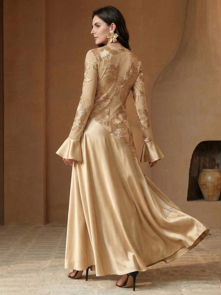 Women's Round Neck Flare Sleeve Elegant Textured Patchwork Dress