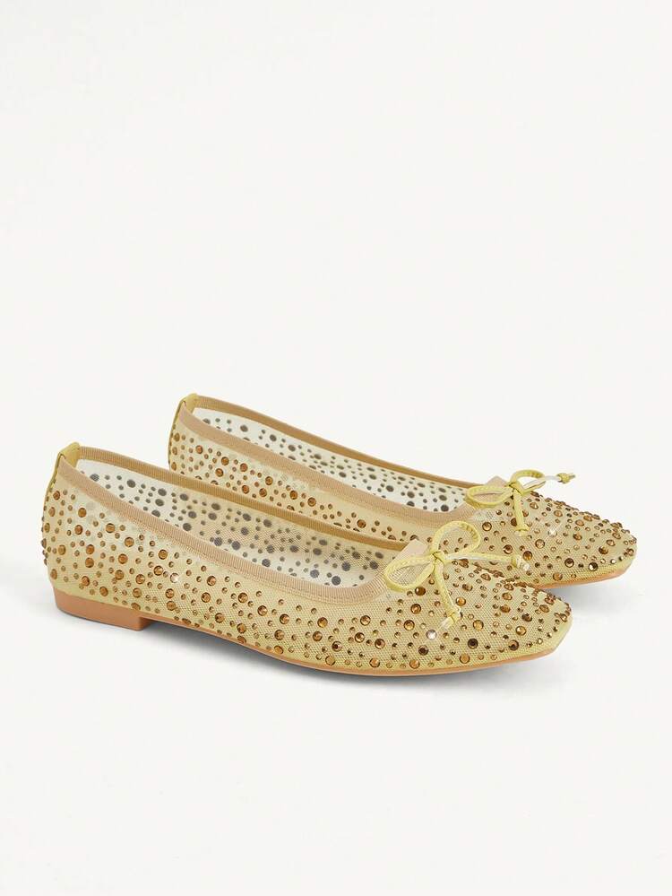 CUCCOO CHICEST Women Shoes Spring And Summer Fashion Light Yellow Full Diamond Mesh Yarn Small Bow Women's Flat Shoes Elegant Comfortable Breathable Cute Sweet Flat Women's Shoes