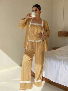 DAZY 3件套度假风波点纹理面料女士睡衣套装，适合春夏穿着 - 卡其色 - 查看 7