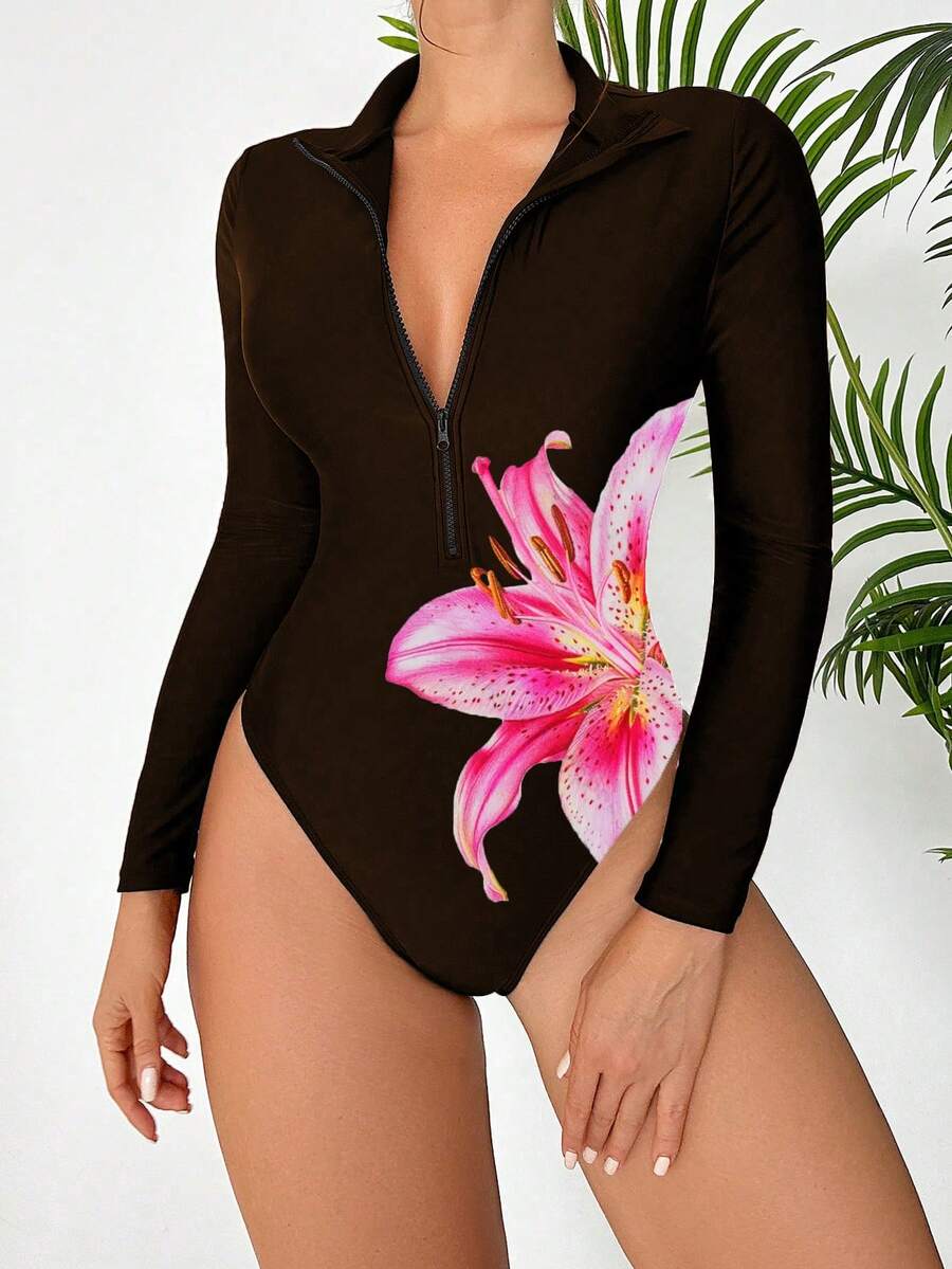 Swim SPRTY Bộ đồ bơi liền thân nữ in hoa, tay dài, cổ cao, kiểu dáng thường ngày, thích hợp mặc đi biển. - Cà phê nâu - Xem 1