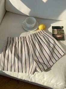 Comfortcana 女士夏季休闲度假通勤撞色条纹字母印花松紧腰宽松短裤 - 杏色 - 查看 2