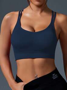 Rhythm Era 1pc Women Plus Size Sexy Seamless Criss-Cross Back Sports Camisole, Suitable For Running, Fitness, Yoga, Workout - Navy Blue - View 2