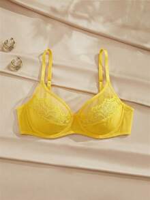 SHEIN Elegant Full Coverage Lace & Mesh Floral Lace Romantic Charming Underwire Bra Yellow Lace Bra Yellow Bra Cute Bra - Yellow - View 6