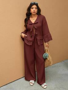 Elaquor Plus Size Casual Minimalist Vacation Solid Color Embroidered Patchwork 2-Piece Set, Women's Shirt + Women's Pants, Suitable For Romantic Vacation, Casual Home, Daily Wear, Spring New Arrival - Burgundy - View 6