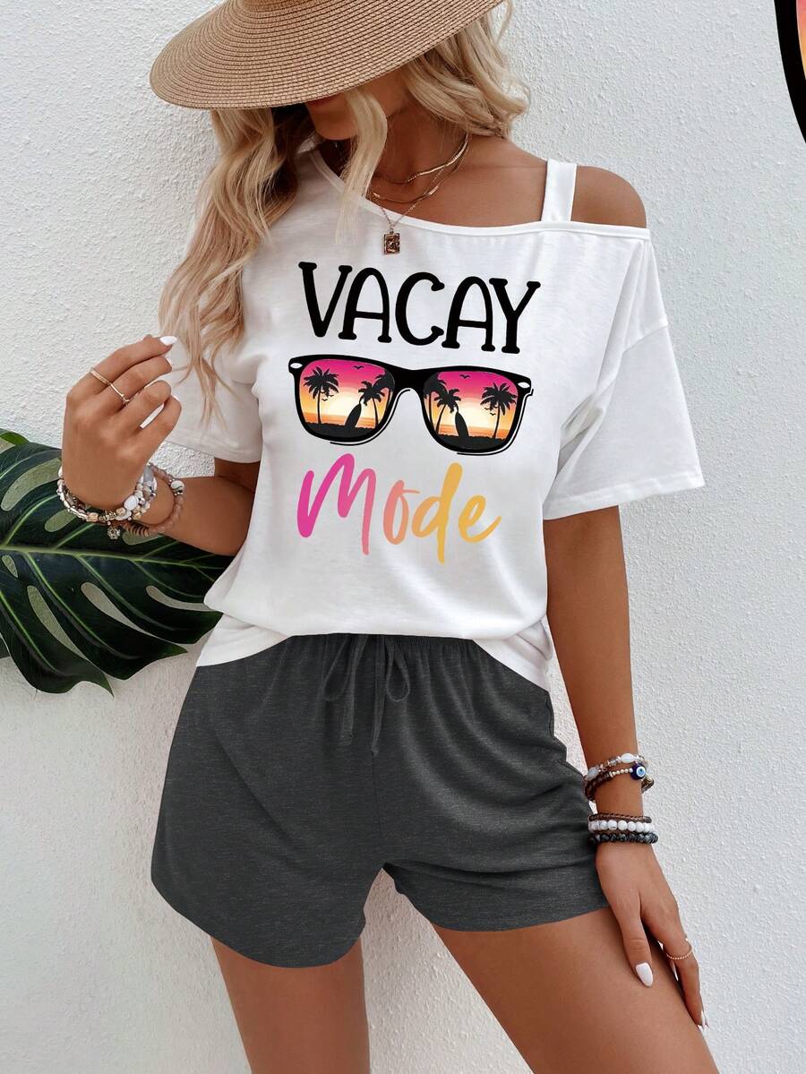 SHEIN LUNE Bộ đồ nữ gồm áo và quần short in chữ và kính, kiểu dáng thường ngày. - Nhiều màu - Xem 1