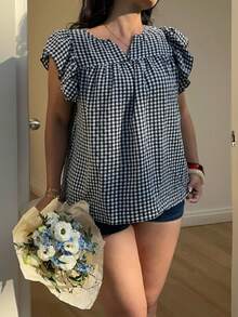 Sunnyshic Plus Size Women's Black And White Notch Neck Vintage Plaid Embroidered Blouse,Flutter Sleeve Design,Summer Casual Picnic Beach Shirt, Vacation - Multicolor - View 6