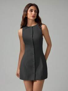 SHEIN Tall Đầm ngắn không tay màu trơn tối giản dành cho nữ, thích hợp cho mùa hè. - Màu xám đen - Xem 6