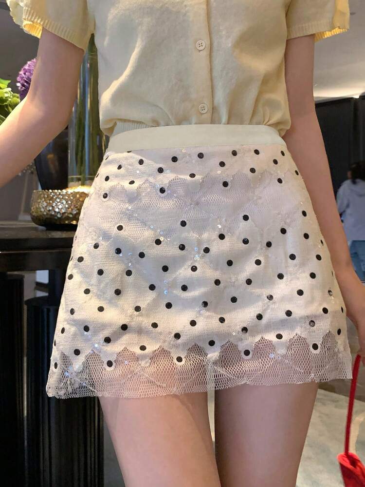 Women's Beige Polka Dot Mesh Patchwork High Waist Jacquard Lace Mini Skirt, Suitable For Petite