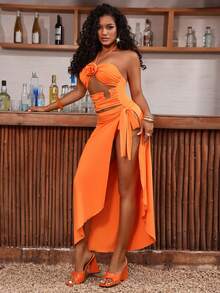 Lureya 女士夏季性感无肩带连体泳衣搭配沙滩度假长裙套装，花卉装饰镂空迷人性感连体衣搭配裹身系带裙两件套 - 橘色 - 查看 5