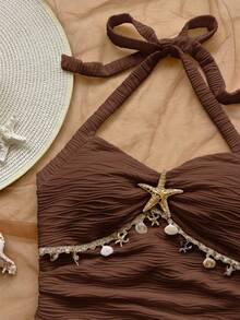 Soleia Conjunto de 2 piezas de top halter y shorts de estilo bohemio para vacaciones de mujer - Café integral - Ver 6
