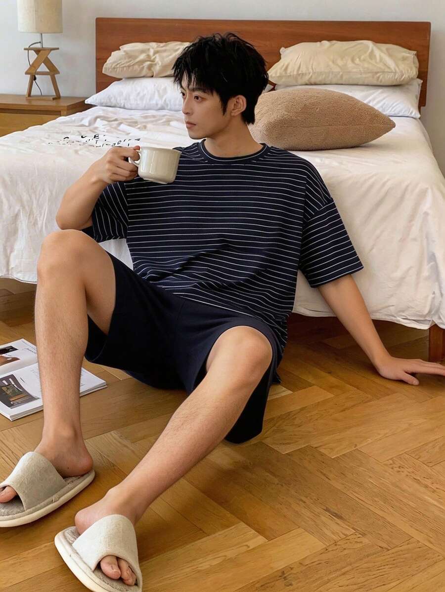 DAZY 男士海军蓝条纹弹力腰纯色短裤睡衣套装,夏季 - 藏蓝色 - 查看 1