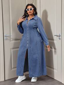Slaydiva Plus Size Women Casual Zip Front Split Denim Dress For Party - Medium Wash - View 3