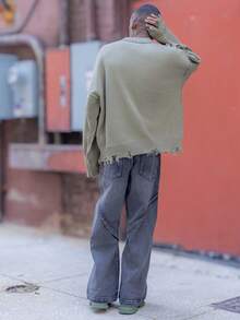 BelSigned BelSigned ANDREILEE Autumn/Winter Unisex Street Style Minimalist Long Sleeve Crew Neck Pullover Sweater, Loose Fit Comfortable Knit Top With Fringe & Distressed Details - Green - View 2