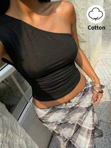 Flirla Black Cotton Oblique Shoulder Ruffle Sleeve Fitted T-Shirt For Women, Minimalist Vintage Elegant Casual Wear, Suitable For Spring/Summer - Black - View 8