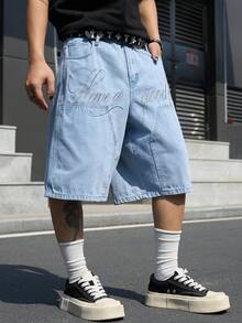 Manfinity EMRG Men's Casual Street Style Embroidered Blue Denim Shorts - Light Wash - View 8