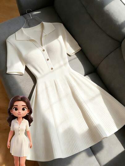 Franclia Women's Spring/Summer Simple Casual Versatile White Collared Short-Sleeved Slim Fit Knitted Solid Color Short Sweater Dress; Women's Summer Dress; Women's Spring Dress; Women's Elegant Party Dress; Women's Elegant Outfit; Women's Casual Top; White Dressfashionable Casual Commuter Wear, Business Office Wear, Versatile And Stylish Everyday Casual Wear, Urban Teacher's Professional Attire White Collared Dress Classy White Dress Knitted Dress Short Sleeve Dress Pleated Dress