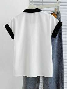 Resyla Áo sơ mi nữ màu xanh dương tay raglan có túi, kiểu dáng thường ngày, thích hợp cho công sở, mùa xuân/hè. - Đen và trắng - Xem 2