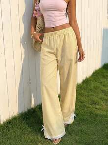 CovetEZ Yellow Striped Lace Trim Wide Leg Pants For Women - Yellow - View 1