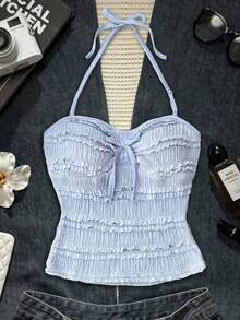 少女纯色提花打结露背休闲百搭日常上衣 - 藍色 - 查看 4