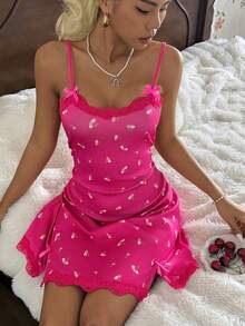 CottageSlumber Hot Pink Rib Knit Slip Dress With Spaghetti Straps Short Length Contrast Lace Detail And Plant Pattern For Women - Hot Pink - View 5