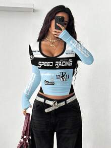 Coolane 女士 Y2K 街头风 V 领抹胸 T 恤，饰有摩托车图案 - 彩色 - 查看 6