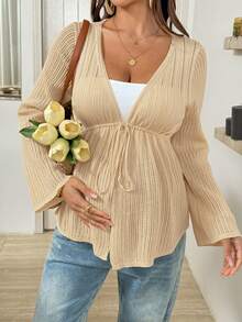 Lyckli Maternity Casual Solid Color Flare Sleeve Drawstring Waist Cardigan Winter - Apricot - View 5
