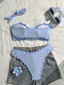 Swim Vcay Bộ đồ bơi 2 mảnh dành cho nữ, mẫu mới Xuân/Hè 2026, kiểu dáng thanh lịch, thoải mái, thích hợp cho kỳ nghỉ biển. - Xanh và trắng - Xem 2