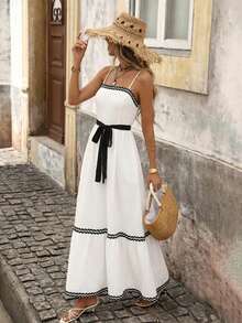 Brillora Damen Lässig Taillengürtel rückenfrei Trägerkleid, Sommer - Schwarz und Weiss - Übersicht 10
