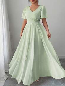 Elenzga Plus Size Women's V-Neck A-Line Chiffon Dress With Ruffle Sleeves, Simple Elegant And Romantic - Green - View 1