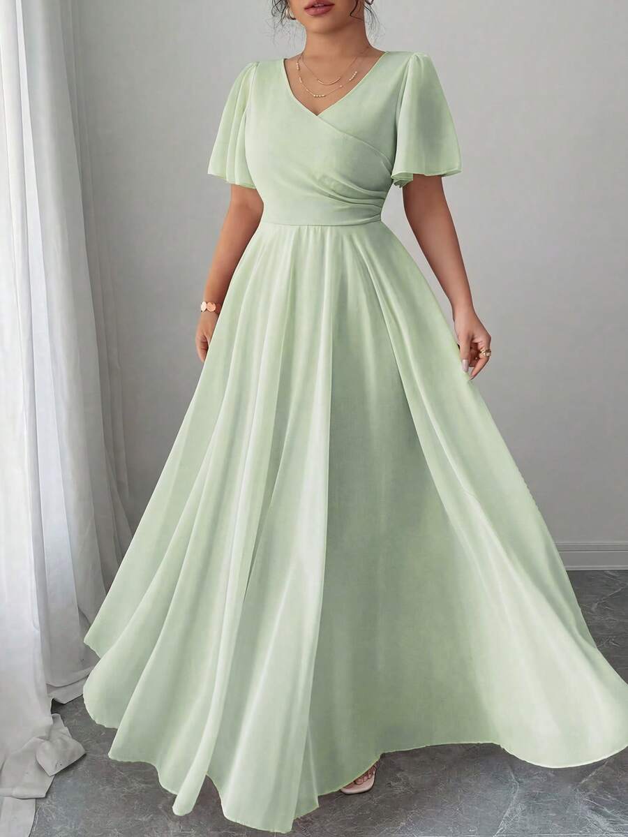 Elenzga Plus Size Women's V-Neck A-Line Chiffon Dress With Ruffle Sleeves, Simple Elegant And Romantic - Green - View 1