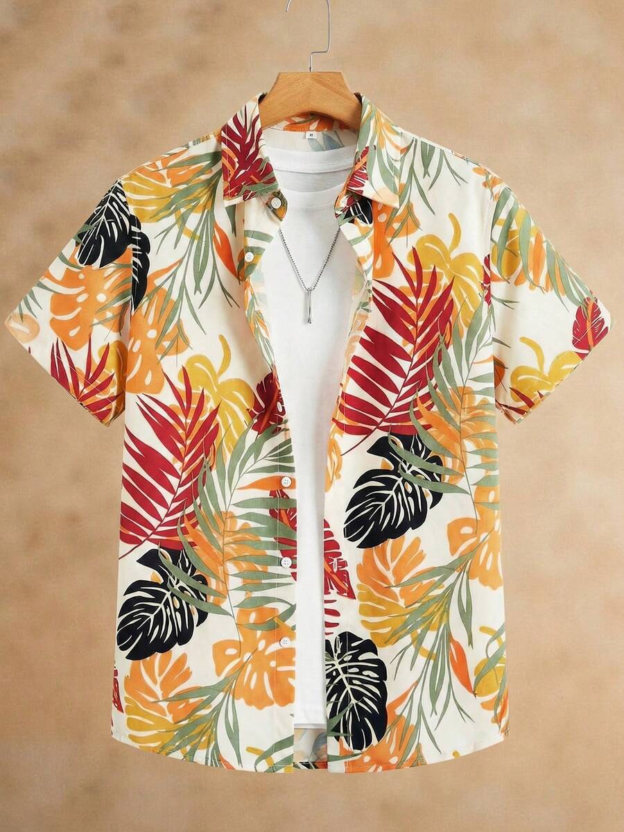 HIMLAND Manfinity RSRT Men's Short Sleeve Woven Beach Shirt With Plant Print