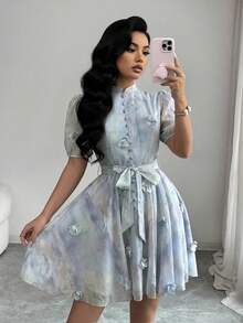 Modelyn Đầm ngắn tay ngắn thắt eo họa tiết hoa 3D nhuộm tie-dye lãng mạn, thanh lịch dành cho nữ, thích hợp cho kỳ nghỉ. - Nhiều màu - Xem 4