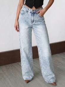 SHEIN Tall Quần jeans nữ ống rộng, dáng suông, thoải mái, đa năng, có túi. - Rửa nhẹ - Xem 6